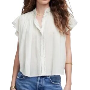 Madewell Shirred Lace-Trim Top in White w/ Blue Accents